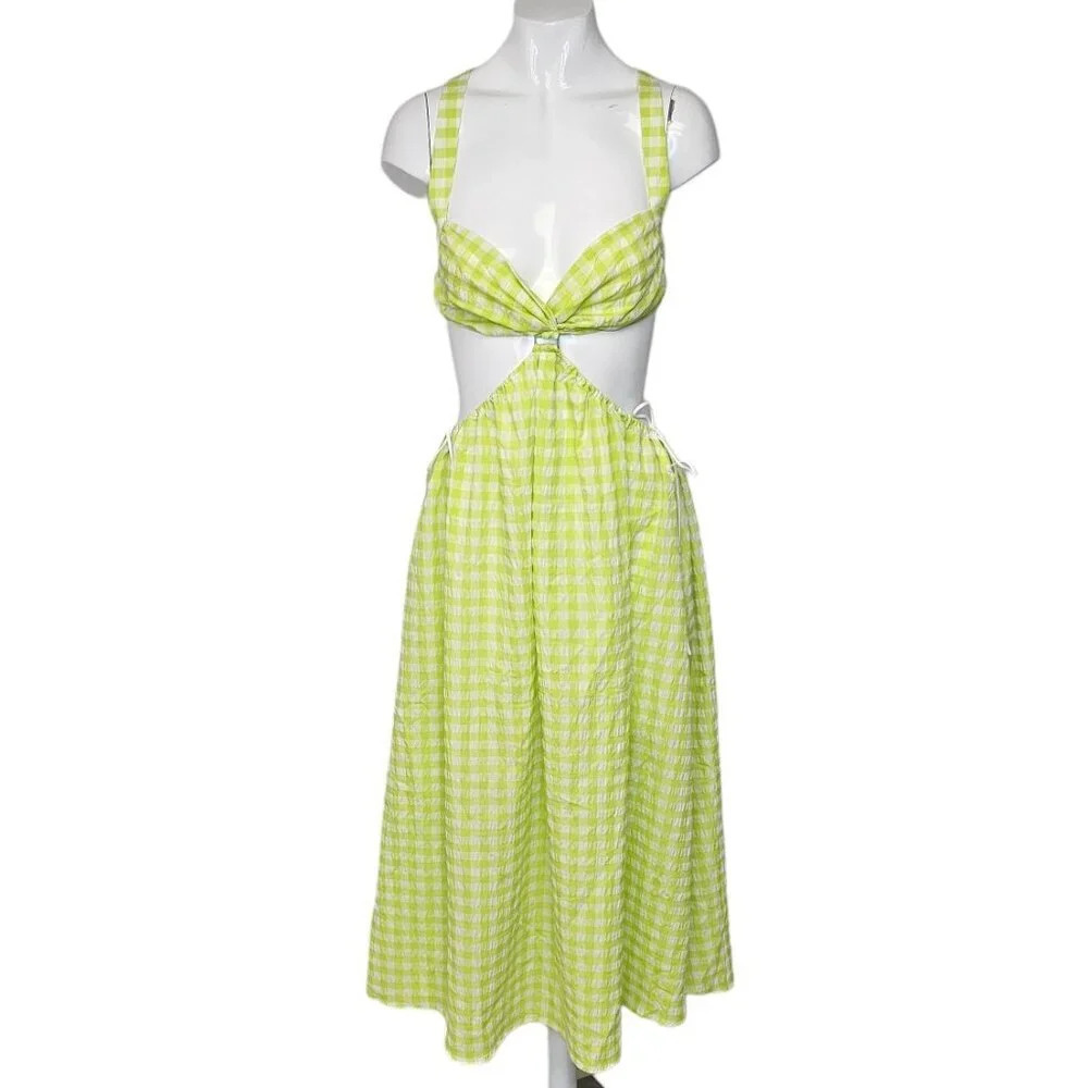 For Love & Lemons Maureen Midi Dress Size XS Gingham Tie  Side Seer Sucker